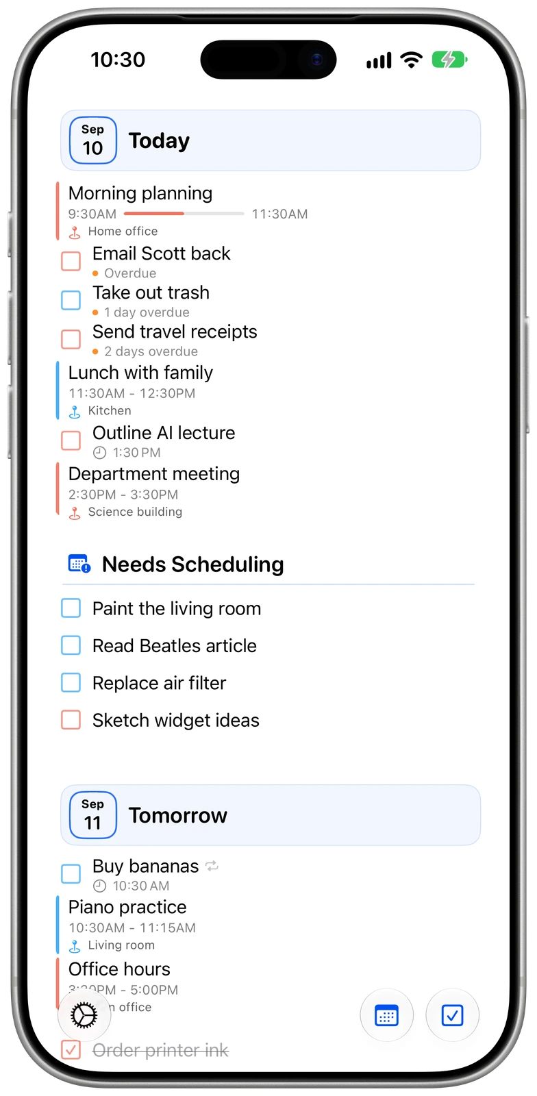 Calendar events and reminders together in Timelane on iPhone
